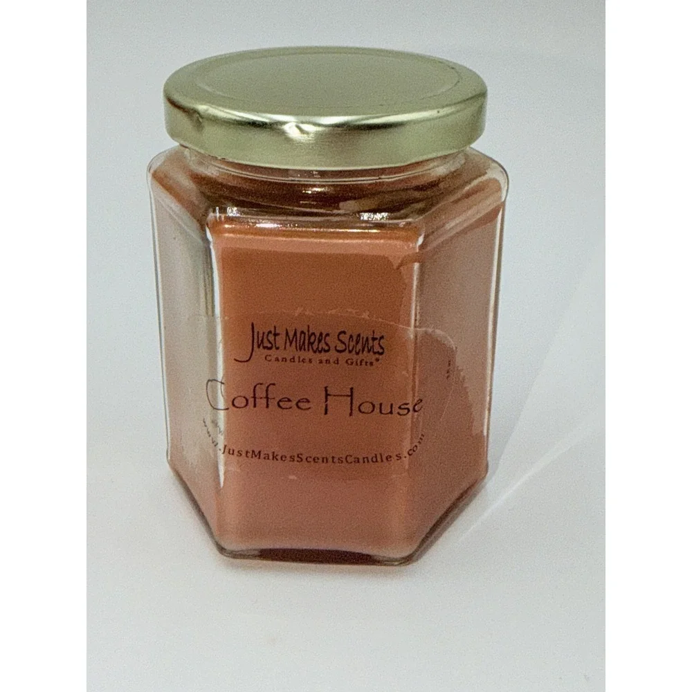 Just Makes Scents Coffee House Scented Candle Hexagon Glass Jar Gold Lid Modern
